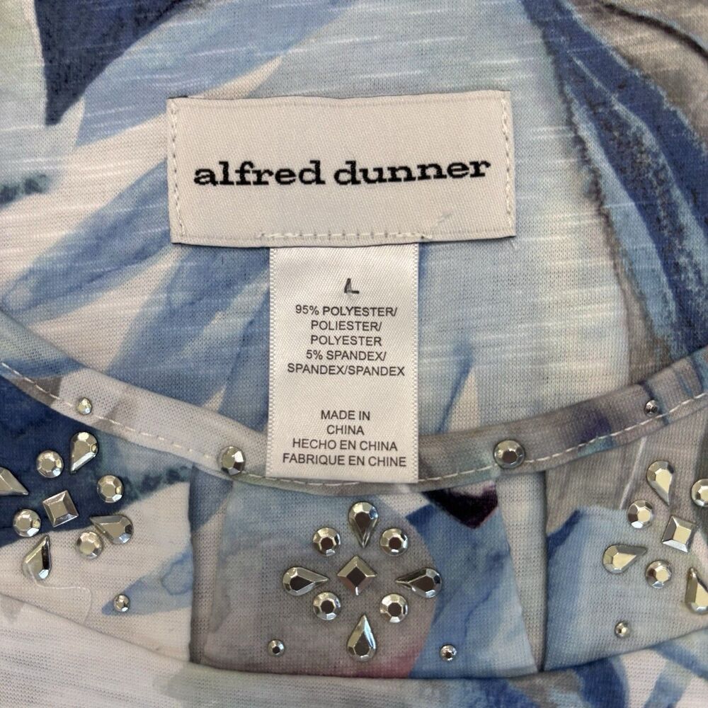 Alfred Dunner Top Womens Large Blue Gray Green Palm Leaves Bedazzled Rhinestones - Picture 3 of 14